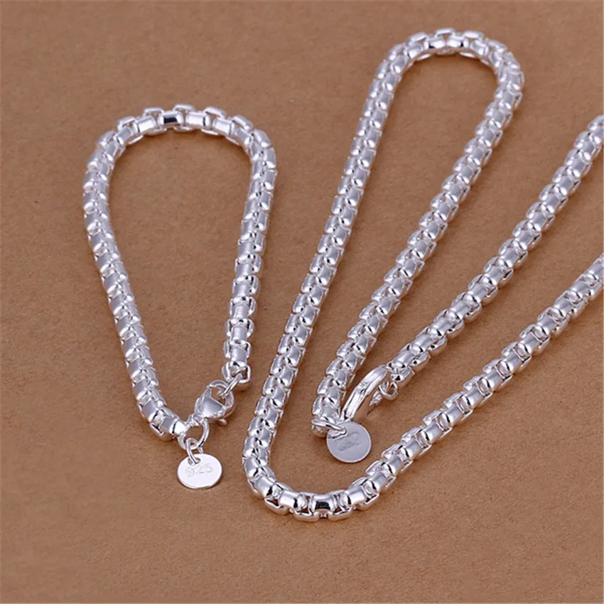 

925 Sterling Silver Bracelets Necklace 4MM Box Chain Jewelry Sets for Women Men Charm Fashion Party Wedding Gifts