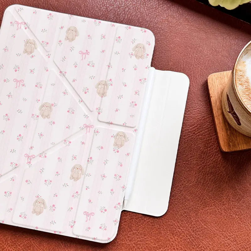 Lace Bunny Girl Magnetic Double Clip Cover for iPad 10th 11th 2026 Air11 2025 Pro11 Pro13 Mini6 Mini7, 3+Y Fold, Auto Wake Sleep
