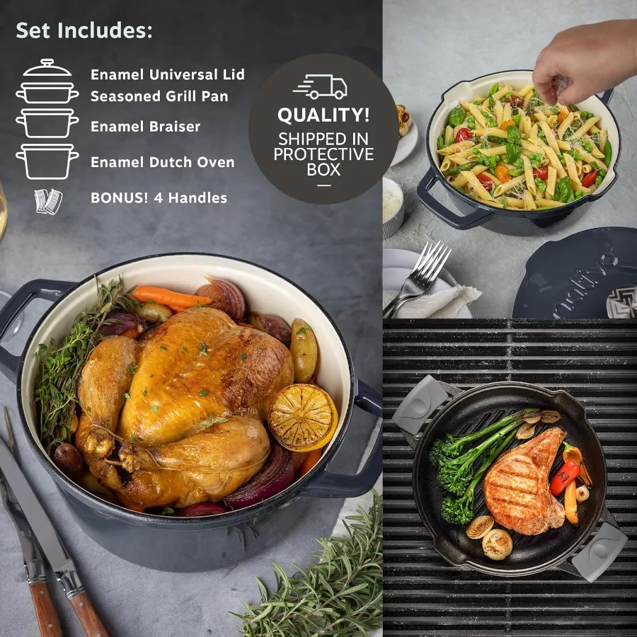 5 pc Stackable Cast Iron Cookware Set for Home Kitchen Use: Versatile Enamel Dutch Oven Seasoned Grill Pan Enamel Braiser with
