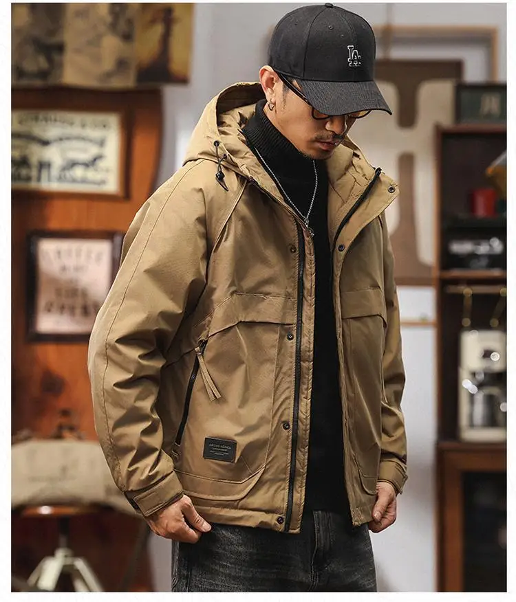 Fall Winter Men's Thickened Padded Jacket Workwear Outdoor Hooded Coats Loose-Fit Casual Windbreaker Jacket With Cotton Lining