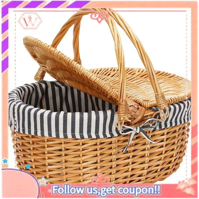 

Upgraded Wicker Picnic Basket With Lid,Wicker Basket With Handle And Liner, Handmade Shopping Basket,Braided Wicker Picnic Baske