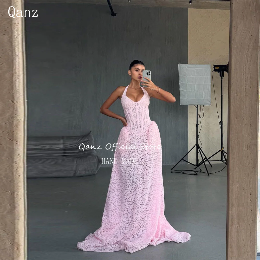 

Qanz Pink Full Lace Appliques Evening Dresses Elegant Long Train Pageant Dress For Women Backless Robes De Soirée Customized