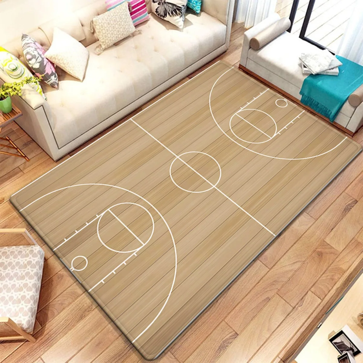 

Дизайн баскетбольного двора, плюшевый ковер для гостиной, тренажерного зала, напольный коврик, спортивная тема, деревянный вид, мягкий ковер, украшение для дома
