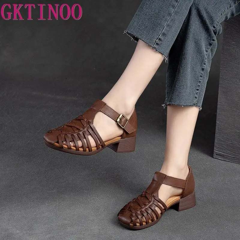 GKTINOO Women Sandals 2024 Summer Shoes Genuine Leather Covered Toe Soft Casual Walking Zapatos Mujer Plataforma Big Size 35-40