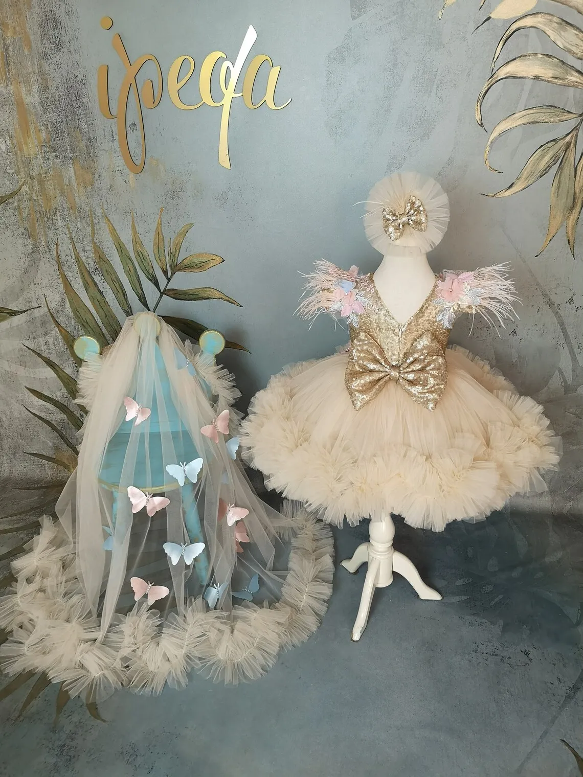 Robes de demoiselle d'honneur en tulle champagne pour enfants, paillettes dorées, robe papillon, mariage, fête d'anniversaire, nœud, plume, première communion