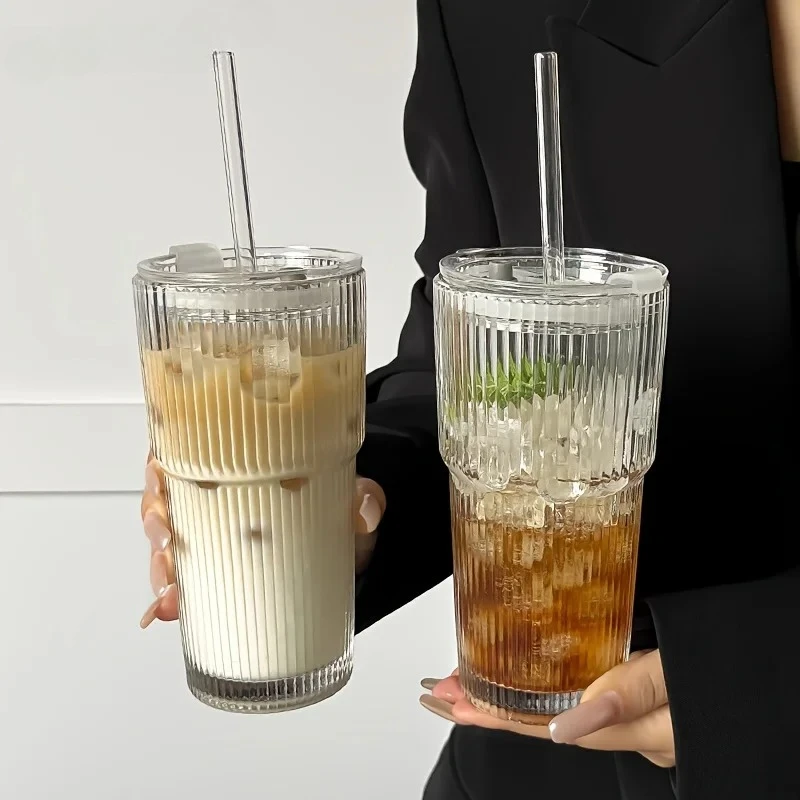 

600ML Stripe Glass Coffee Cup With Lid and Without Cover Straw Transparent Drinking Glasses for Juice Iced Coffee Mugs Drinkware