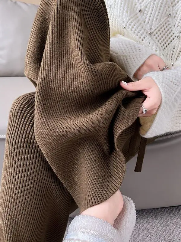 

Comfortable Knitted Wide Leg Pants Women's High Waist Elastic Waist Not Puffy Not Bulky Korean Style Autumn Casual Pants