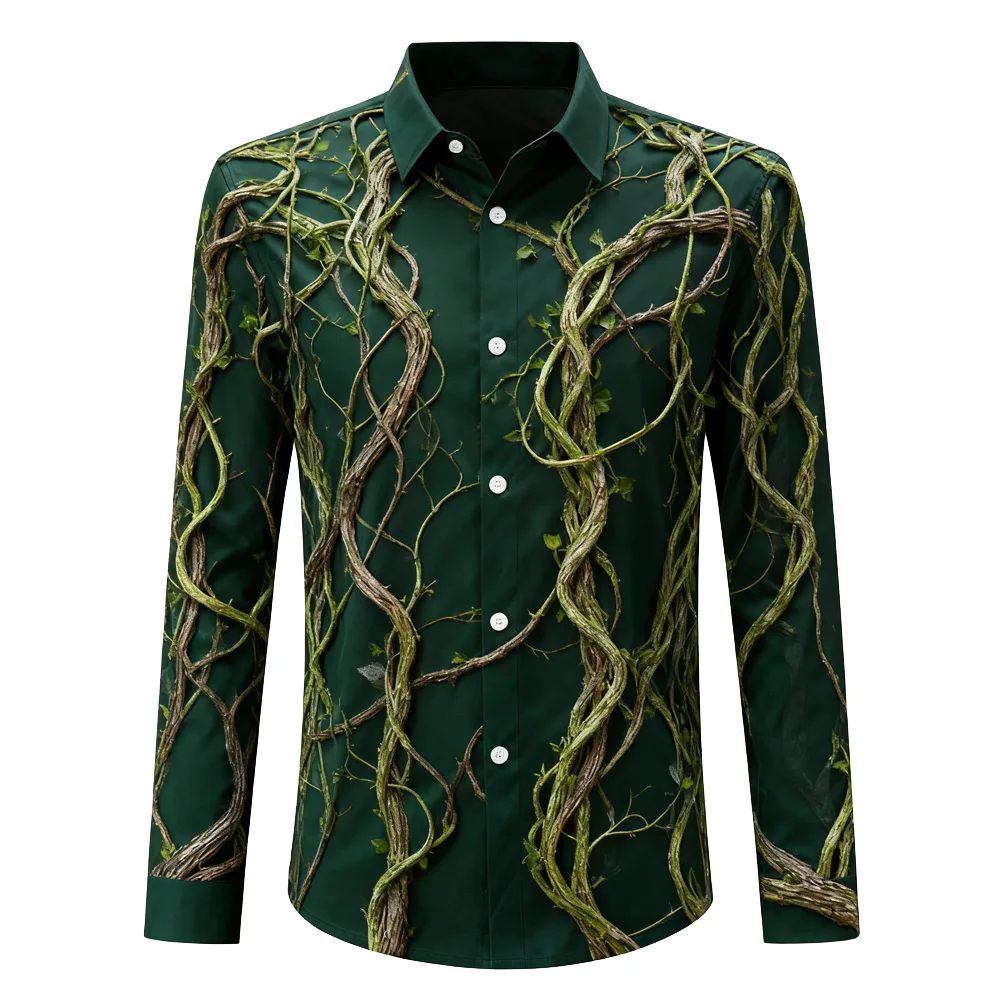 

Men's New Natural Plant Root and Leaf Shirt Slightly Elastic Soft Long-sleeved Lapel Shirt Hawaiian Business Party Clothes Men