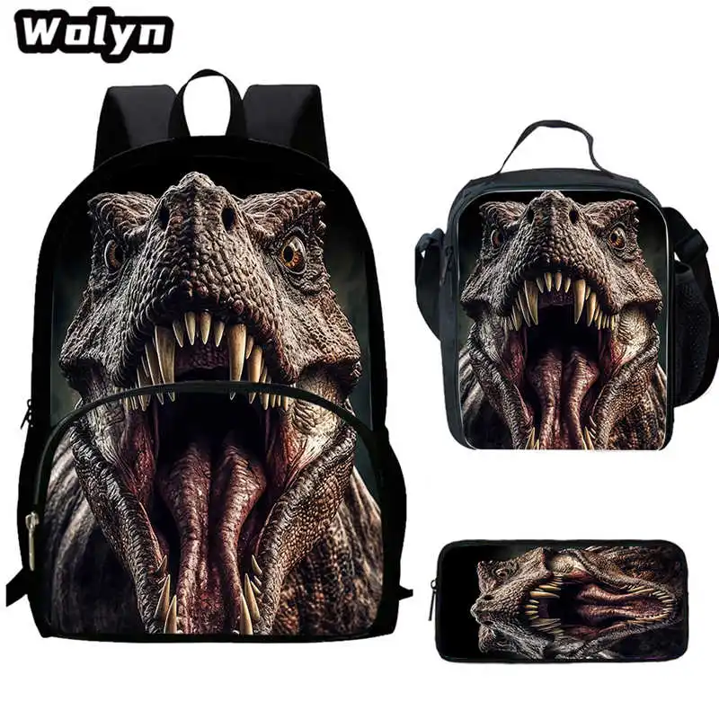 3Pcs Set Dinosaur School Backpacks with Lunch Bags Pencil Case for Grade 1-4,Large Jurassic Printed School Bags for Boys Bookbag