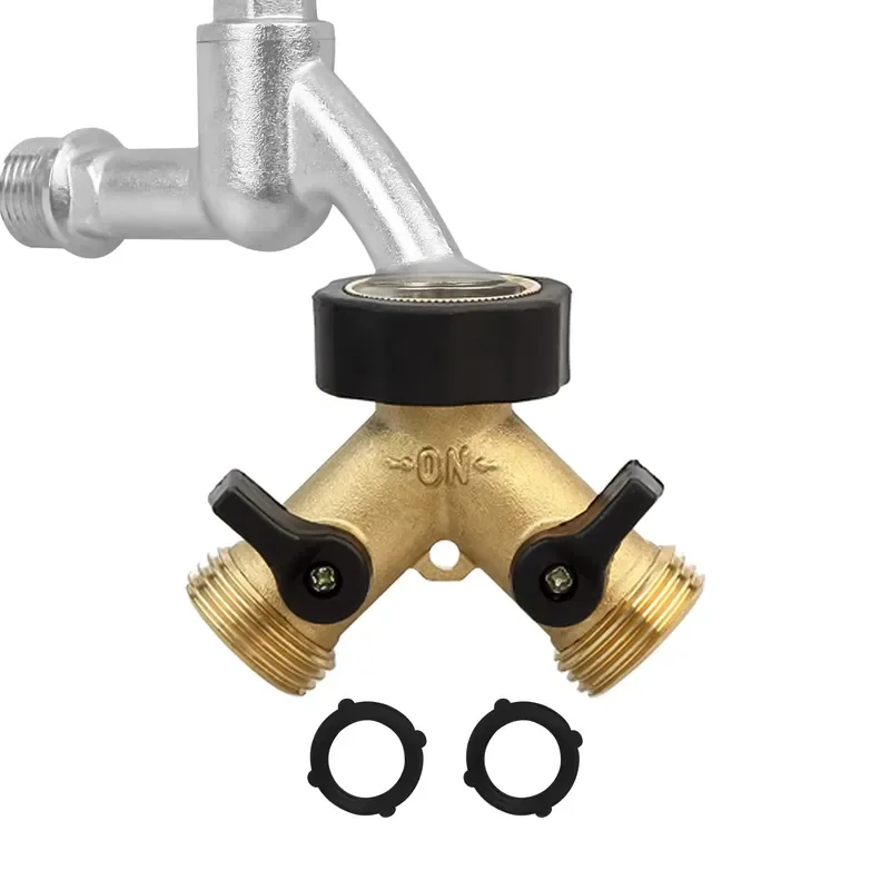 High Efficiency Garden Hose Splitter 2 Way Heavy Brass Connector Tap Splitter Y Splitter 2 Valves With2 Rubber Washers