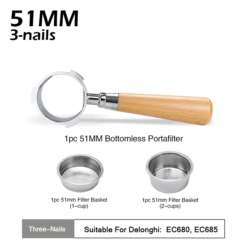 Koffie Bodemloze Filterhouder 51mm Naakt Voor Delonghi EC680 EC685 EC200 Filter Mand Espressomachine Accessoires Barista Gereedschap