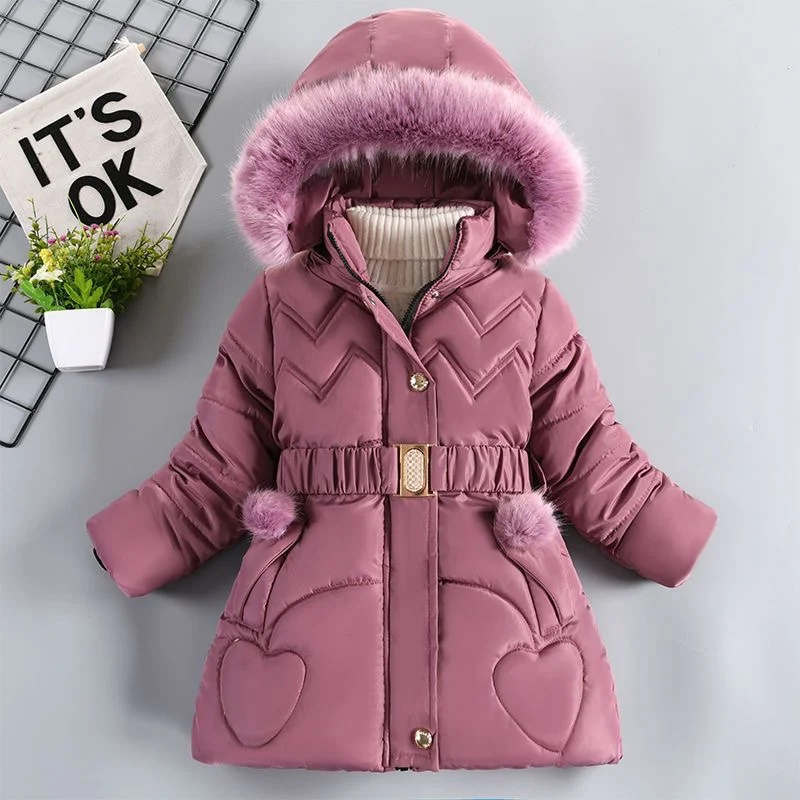 

Winter Fall Kids Thick Padded Warm Elegant Furry Hooded Parka Coat For Girls Belt Waist Casual Comfy Long Sleeve Outerwear 4-10Y