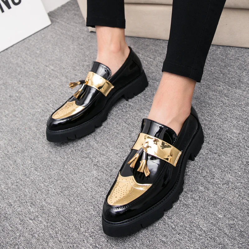 Fashion Golden Men\'s Casual Slip-On Tassel Patent Loafers Thick Bottom Elevator Shoes Men\'s Party Shoes Business Shoes Brogue