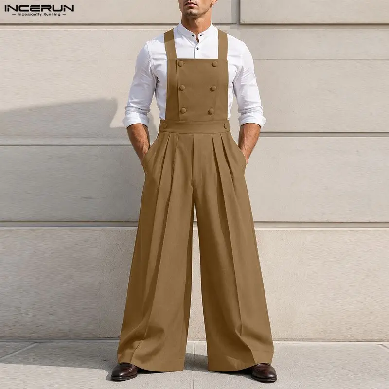 INCERUN Men's Jumpsuits Solid Loose Joggers Pleated Casual Wide Leg Overalls Pants For Man Streetwear 2026 Fashion Male Rompers