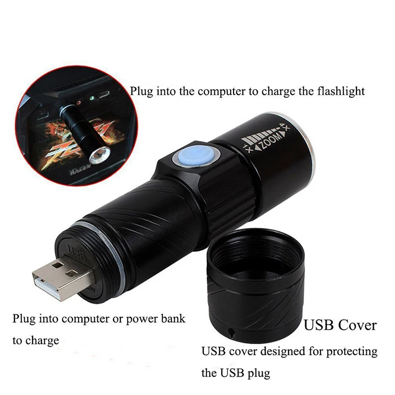 ไฟฉาย LED ชาร์จไฟ USB ขนาดเล็ก, 3โหมดแสงไฟฉายกลไฟจักรยานแบบซูมได้สำหรับกลางแจ้งฉุกเฉิน