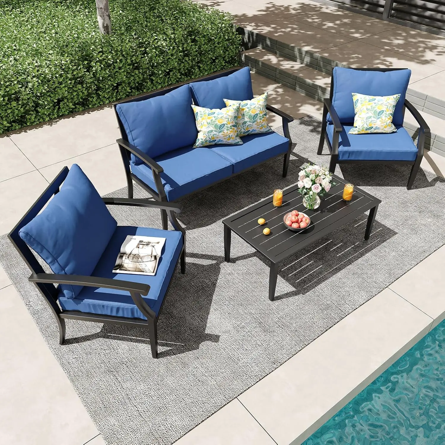 4-Piece Patio Conversation Set,Oversized Outdoor Metal Furniture Set With Table And Loveseat,Removable And Washable Deep