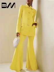 Women's Long Sleeve V Neck Blazer and Wide Leg Pants, Yellow Suits, Custom Made, Office Lady, Classic Fashion, 2 Pcs Customized