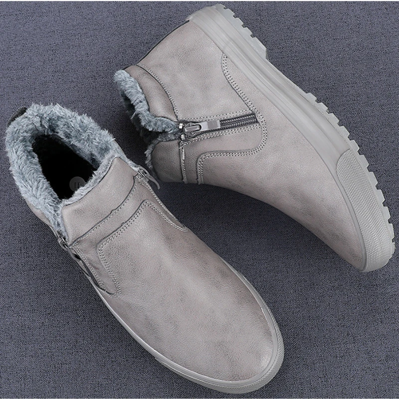 Winter Men Leather Boots for Man Warm Plush Inside High Tops Casual Shoes Slip on Keep Warm Thick Fur Men's Platform Ankle Boots