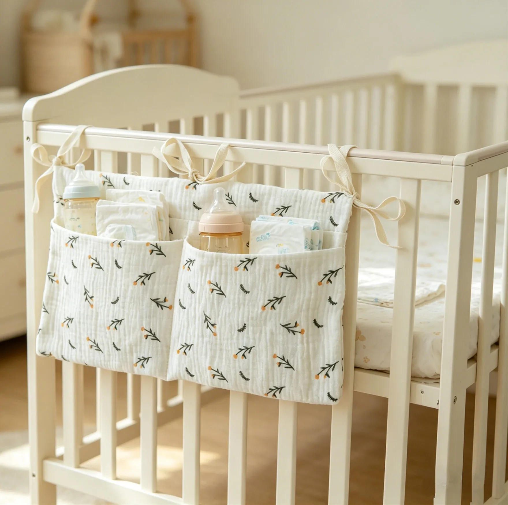 New Print Cotton Bedside Diaper Bag Baby Disposable Diaper Storage Bag Handbag Boys Girls Baby Crib Bottle Trolley Hanging Bag