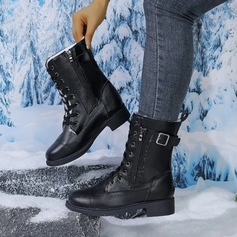 British Style Women's  Boots Large Size 43 Short Tube PU Leather round Toe Low Heel Flat Bottom Warm Artificial Fleece
