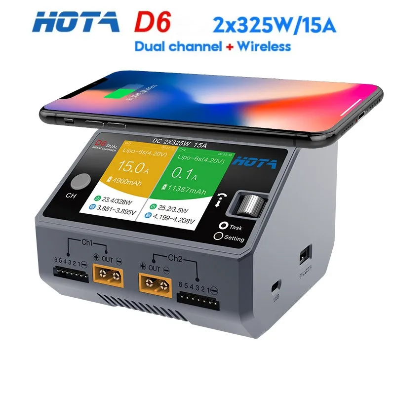 HOTA D6 Dual DC650W 15A 2 Channel Smart Charger for Lipo LiIon NiMH Battery Rc Drone Spare Parts with Wireless Charging