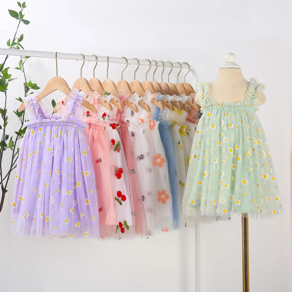 Süßes Tutu-Kleid für Kleinkinder und Mädchen, ärmellos, Sommer, neu, mit Stickerei, Blumenmuster, Netzkleid, Prinzessinnenkleid für kleine Mädchen – Detail 3