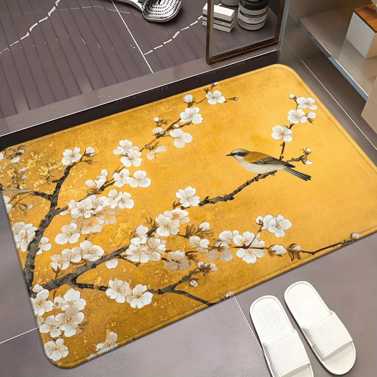 1pc Birds on Yellow Blossoming Branch Mat - Non-Slip Absorbent Microfiber Floor Mat Suitable for /Outdoor Use, Machine Washabl