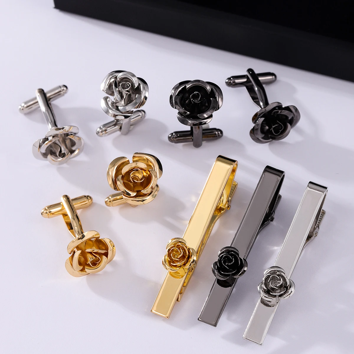 Premium Rose French cufflink tie clip set off-the-shelf suit shirt Wedding mirror collar clip flower