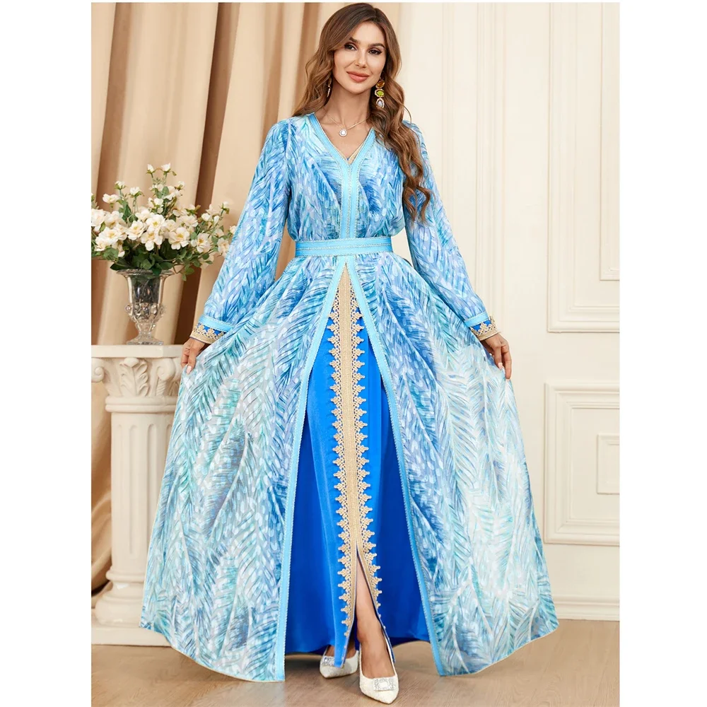 Muslim Women Print Abaya 2 Piece Set Long Maxi Dress Turkey Gulf Jalabiya Split Hem Kafftan Islam Eid Party Gown Morocco Vestido