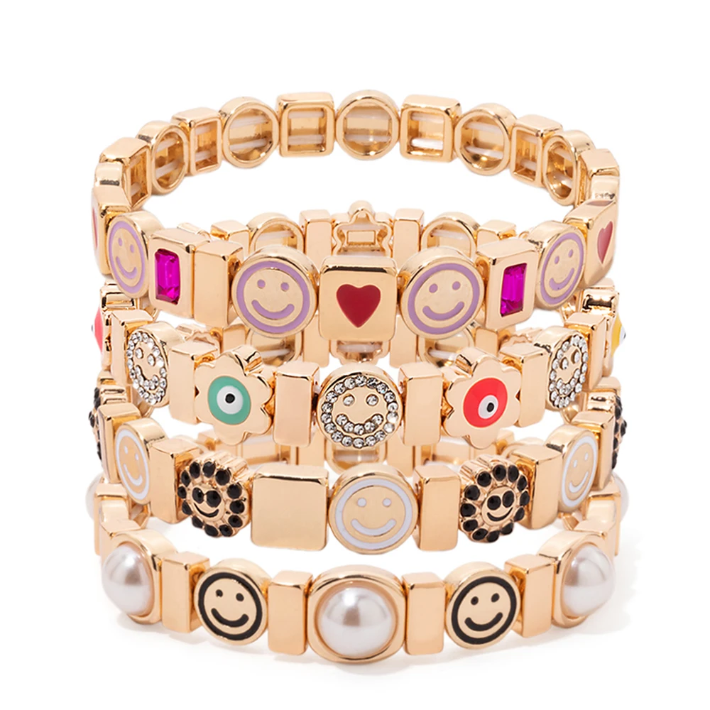 2024 New Arrival Gold Color Alloy Happy Face Women Bracelet Colorful Diamond Pearl Drip Oil Muti- Shaped Elastic Jewelry