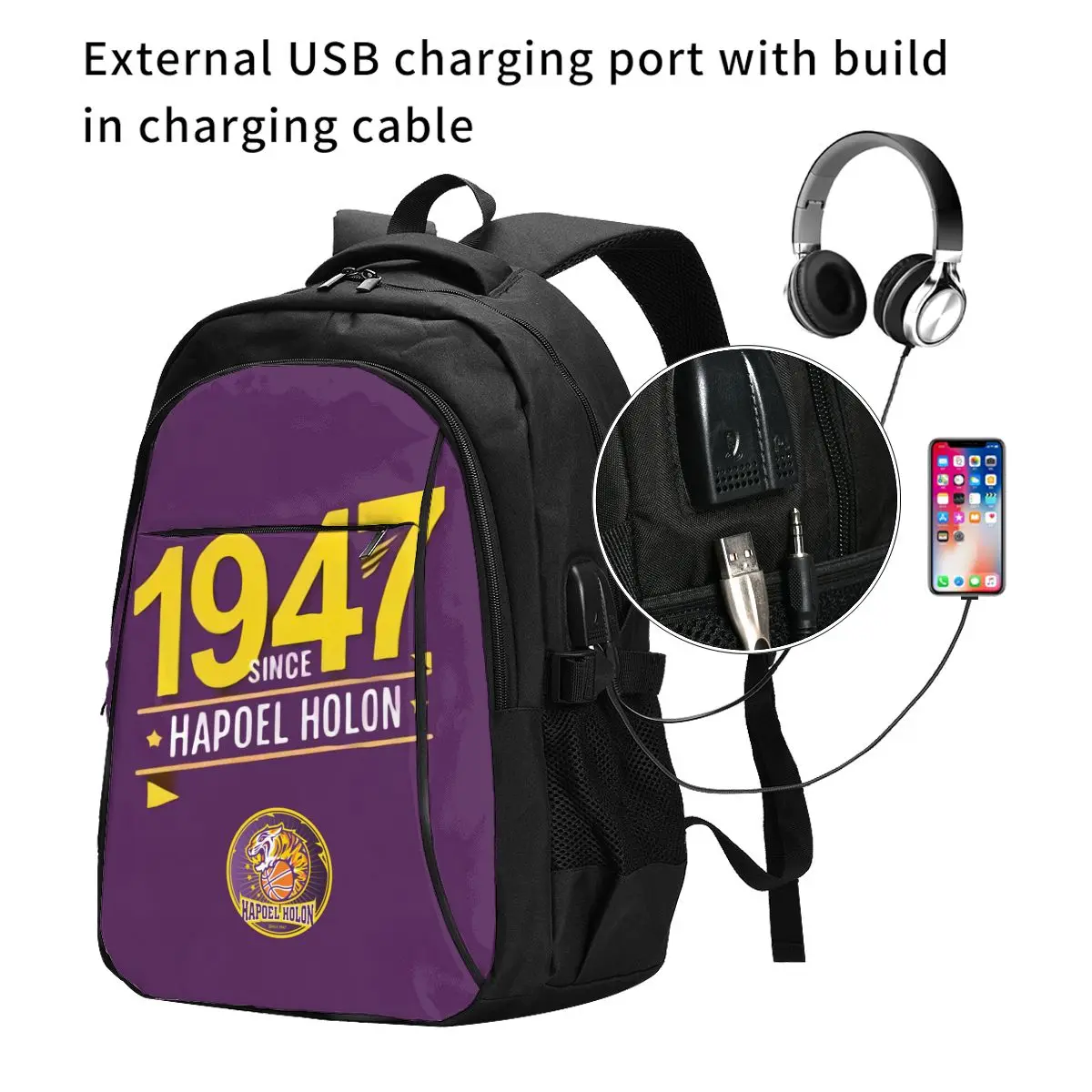 Israel Hapoel Holon Bc Large Durable Travel Laptop Backpack Water Resistant Bag with USB Charging Port Business Daypack