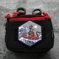 Hexagonal Embroidery Patches Tactical Chapter Bag Sticker Big Giant Wave Sea Monster Trident Octopus Scenery Sunrise Kanagawa