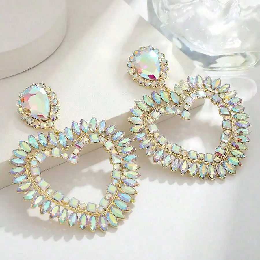 

2PCS Iridescent Heart-Shaped Drop Earrings For Women, Sparkling Crystal-Embellished Hollow Design, Elegant Accessory For