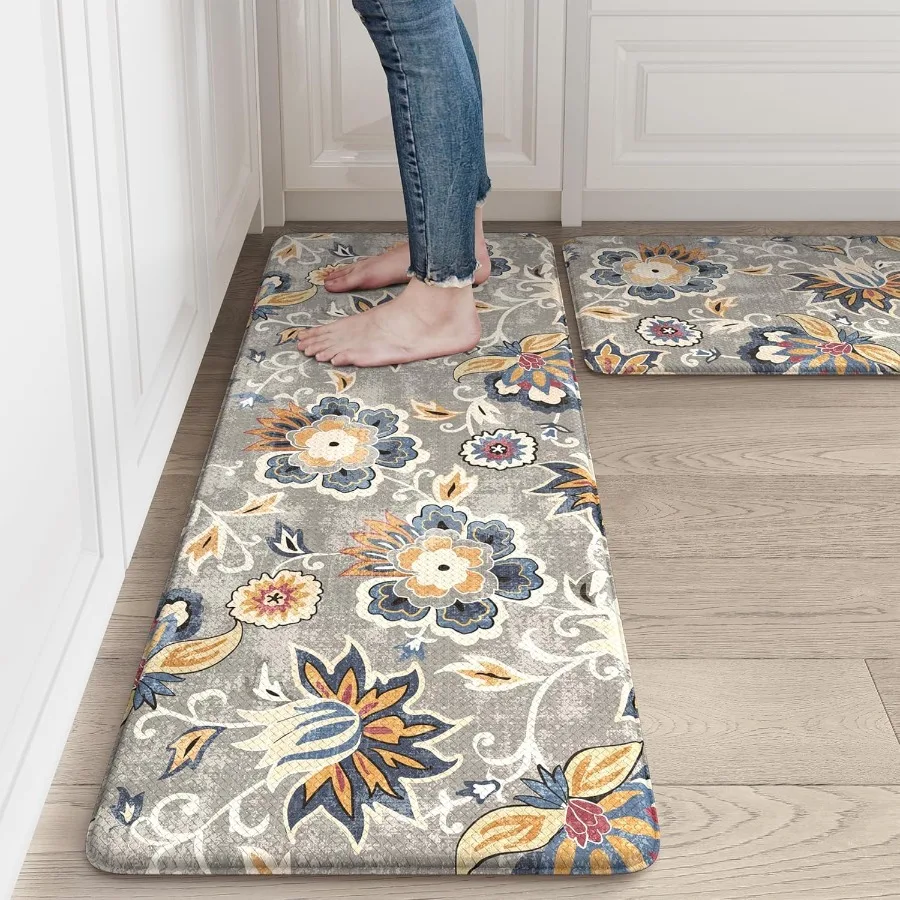 

Коврики против усталости для кухонного пола, 2 шт., мягкая пена с эффектом памяти, синие, серые кухонные коврики для пола, комфортные, с цветочным принтом, в стиле бохо, нескользящие