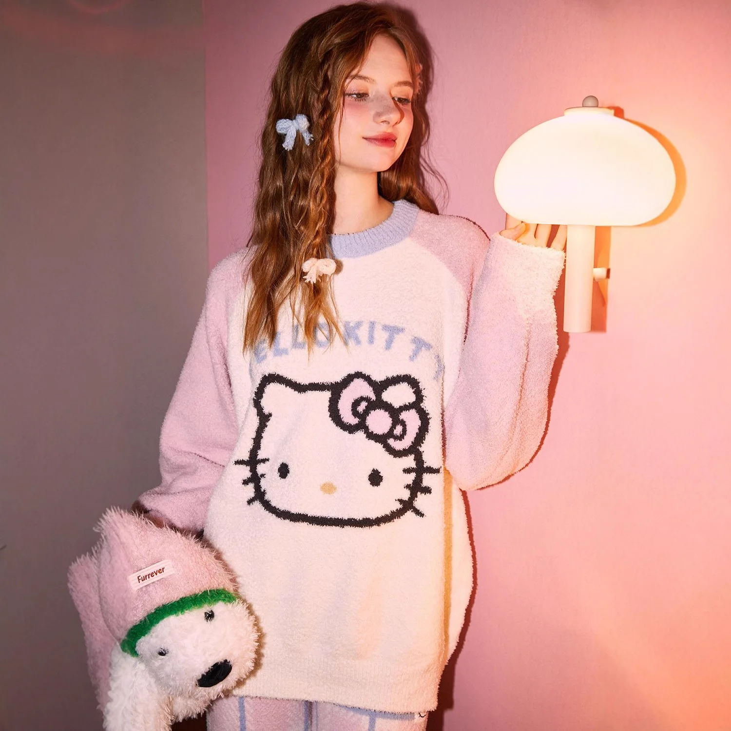 

New Winter Plush Children's Hello Kitty Cartoon Sportswear Girl Long Sleeve Round Neck Pajama Set