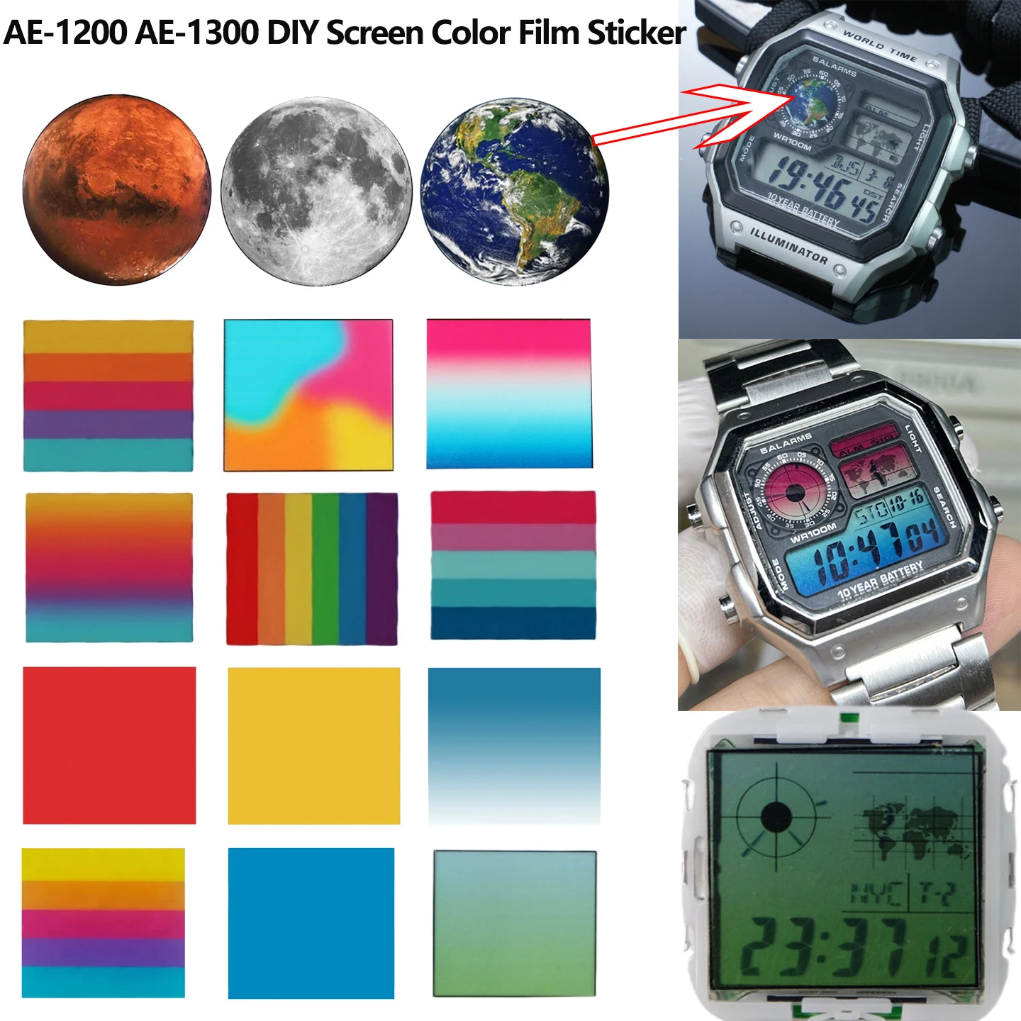 AE1200 Color Display Film modify parts for Casio AE-1200 AE-1300, DIY Screen Overlay Sticker, HD film sticker modifiy accessorie