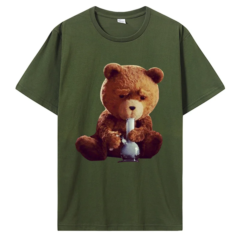 مضحك تيد الدب التدخين بونغ التي شيرت القطن تي شيرت للجنسين تي شيرت موضة اللياقة البدنية قصيرة الأكمام بلوزات مستديرة العنق ملابس للرجال
