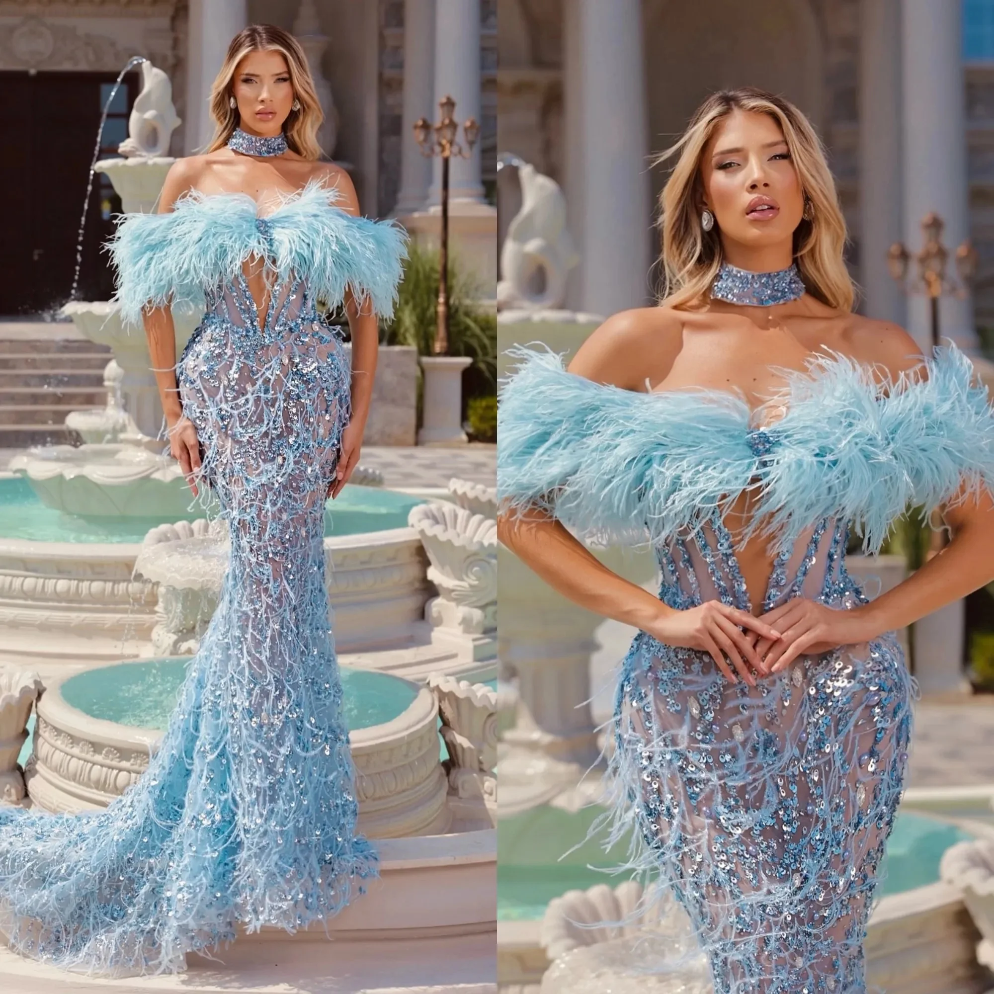

Exquisite Sequins Feather Prom Dresses Sexy Off The Shoulder Evening Dress Customized Illusion Floor Length Celebrity Party Gown