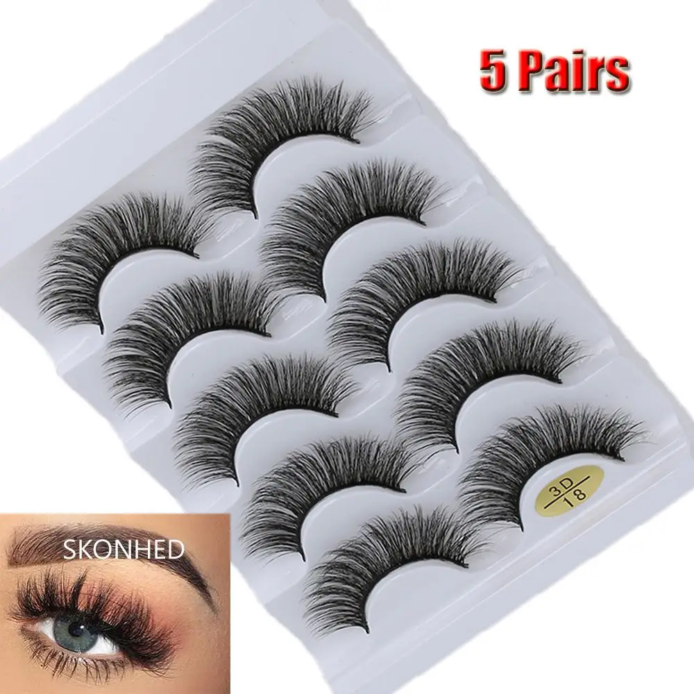 SKONHED 5 Pairs 3D Faux Mink Hair False Eyelashes Wispies Fluffies Drama Eyelashes Natural Long Handmade Cruelty-free