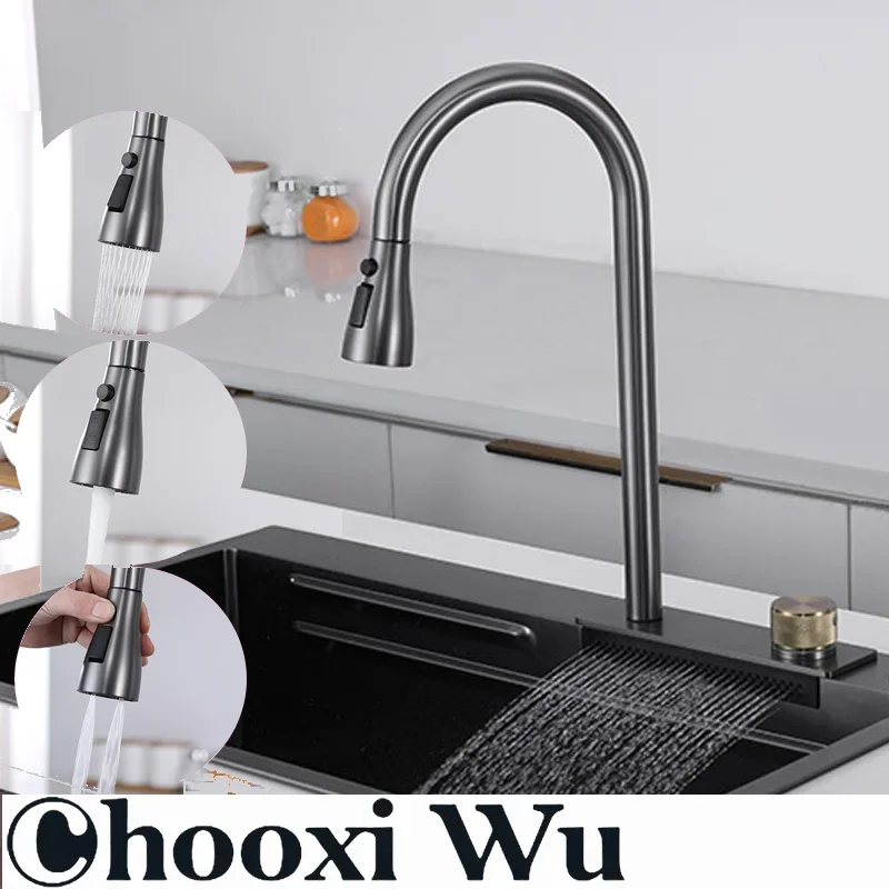 

Waterfall Sink Pull Type Kitchen Faucet Hot Cold Mixer Vegetable Wash Tap Basin Multiple Water Outlets Rotation Flying Rain Tap