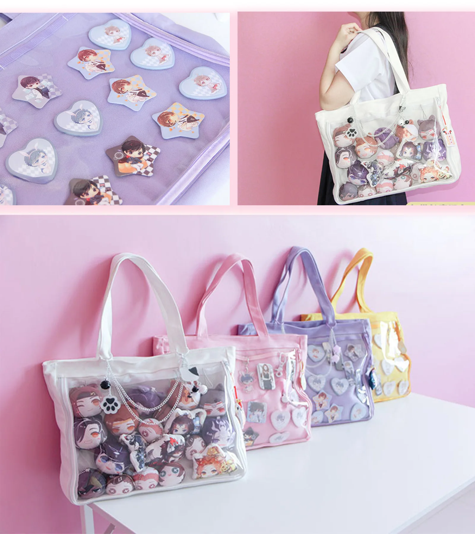 Cute Ita Shoulder Bag com PVC Transparente, Canvas Bag para Display, Cosplay e Uso Diário