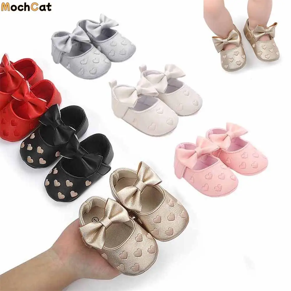 

Fashion Non-slip Leather Baby Shoes Love Bow Soft Material Toddler Shoes Cute Appearance Lightweight Crib Shoes Indoor Use