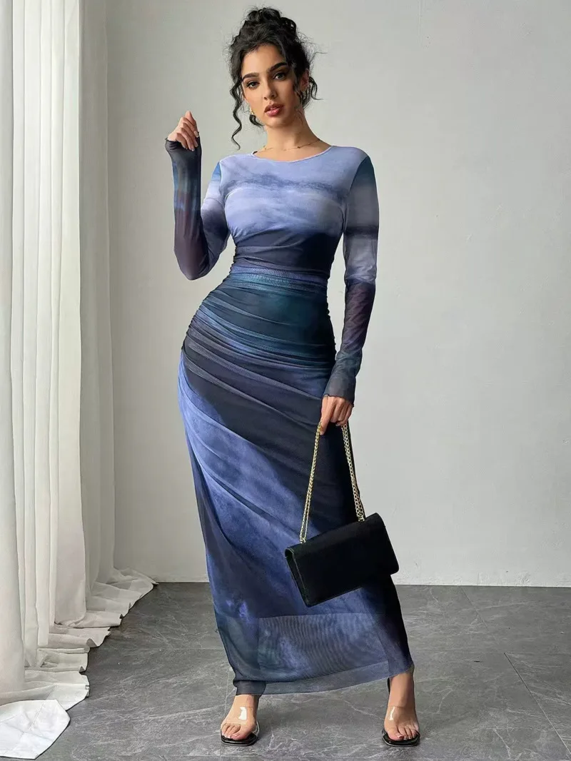 Robes pour femmes automne français Simple contraste couleur à manches longues col rond Maxi portefeuille robes de mode robe longue hauts BQ7W