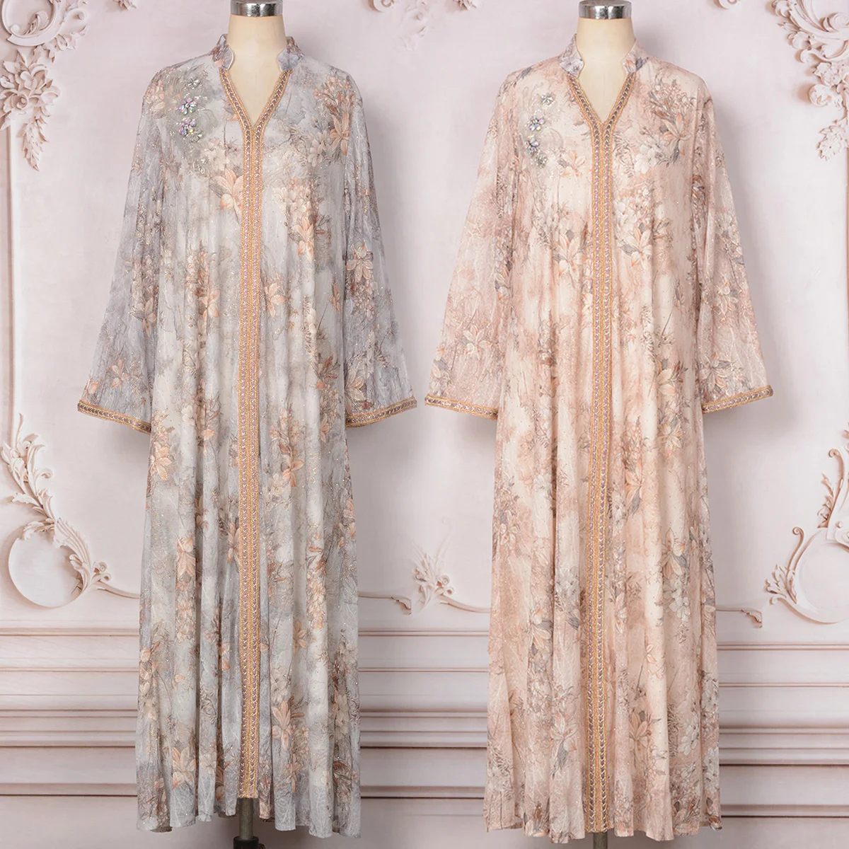 

Женское арабское платье-джалабия с цветочным и фольгированным принтом, стандартного кроя, слегка эластичное, для мусульманок, абайя, для Рамадана, вечеринок, марокканский кафтан