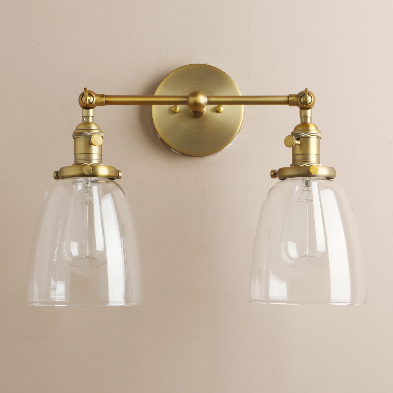 Phansthy Double Sconce Vintage Industrial Antique 2-Lights Wall Sconces with Oval Cone Clear Glass Shade