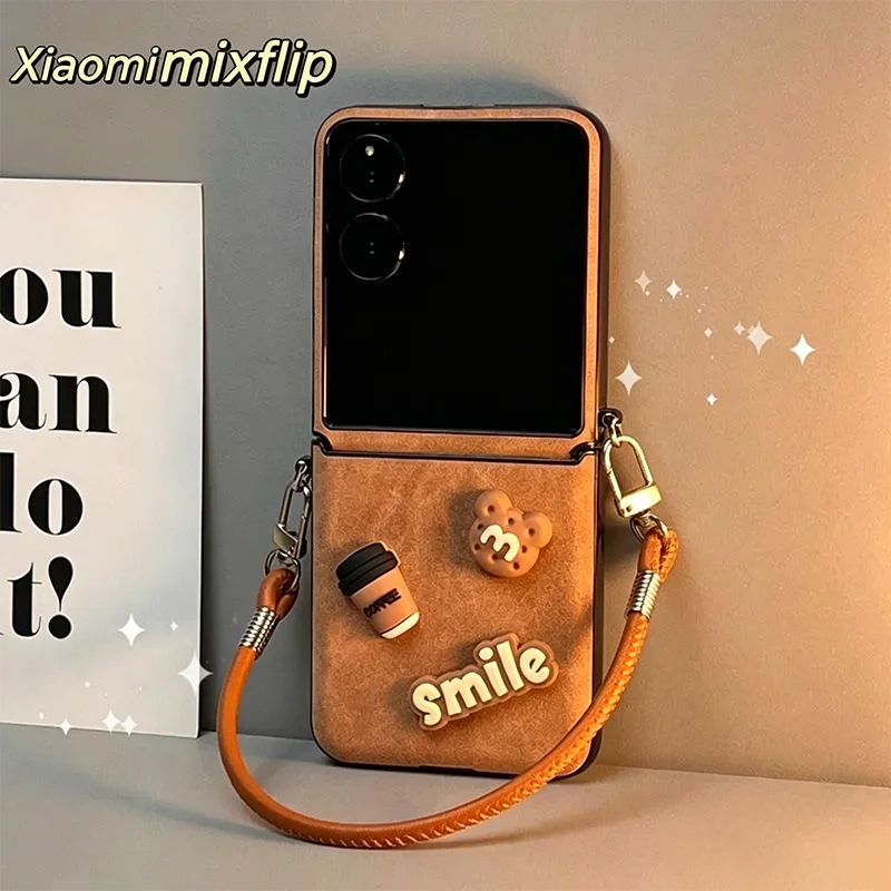 

mixflip Case 3D Bear Coffee Smile Leather Case For Xiaomi Mix Flip Cover Full Hinge Protective Case with Hand & Crossbody Rope