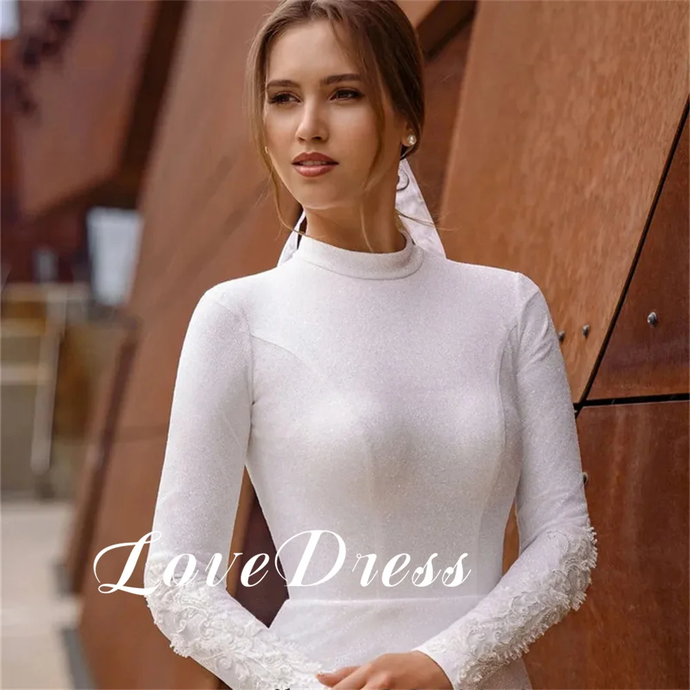 Liebe elegante Langarm Spitze Applikation Meerjungfrau Fleck Brautkleid einfache O-Ausschnitt rücken frei boden lang Brautkleid Robe de Mariée