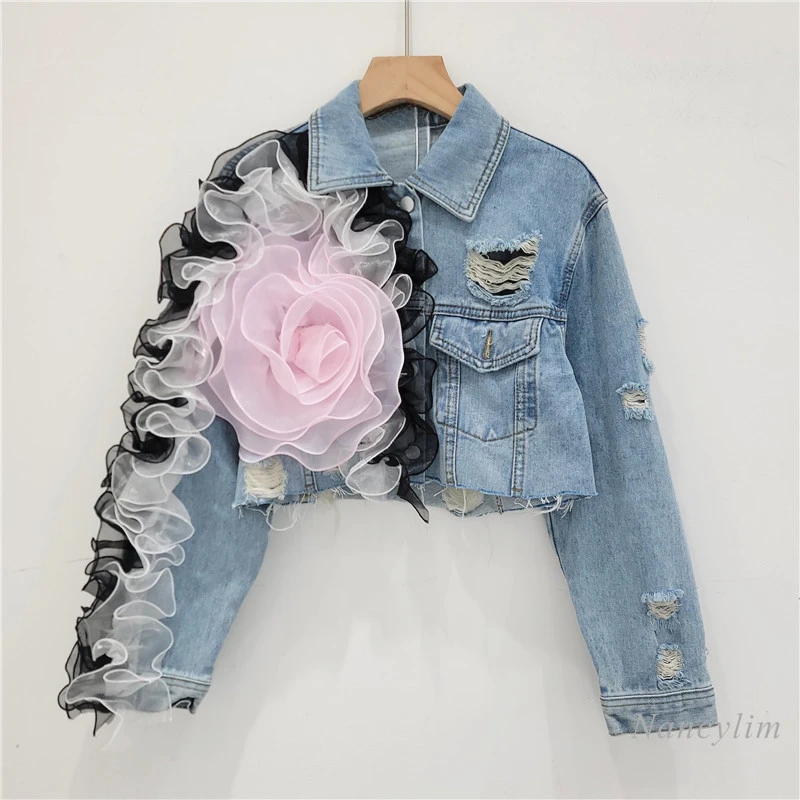 

Ruffles Mesh Stitching Ripped Cool Design Short Denim Coat Women's Loose Fried Street Jean Jacket Short Large Flower Top Fall