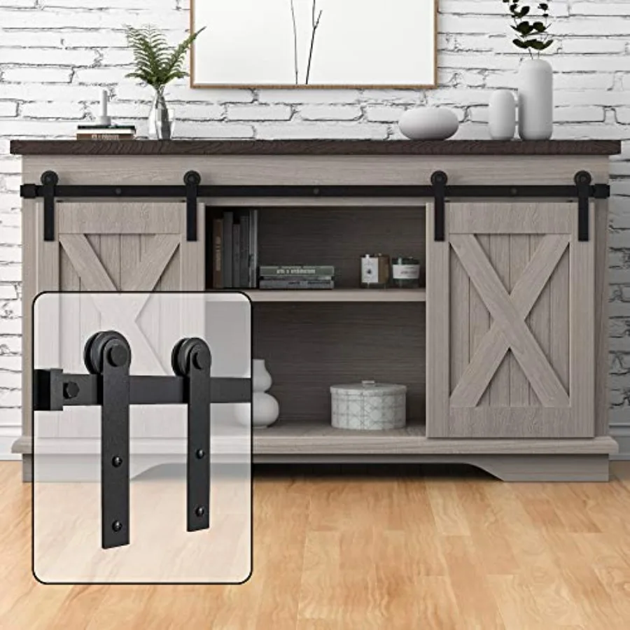 

Комплект фурнитуры для раздвижных двойных дверей 8 футов Super Mn Barn Door Hardware Kt для небольших тумб под ТВ, шкафов и двойных дверей 8 футов Kt