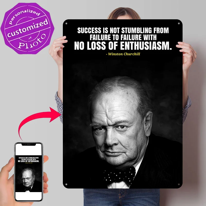 Winston Churchill Quotes 3D Texture Printed Poster Custom Vintage Metal Tin Plate Sign for Wall Art Living Room Decoration Man